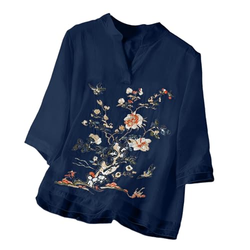 Top de Manga Corta con Cuello en V, Bordado y Estilo Casual a la Moda (sin Etiqueta de Talla), de algodón, Ajuste Relajado y Ligero, Ideal para Ocio, Primavera Estilo Urbano