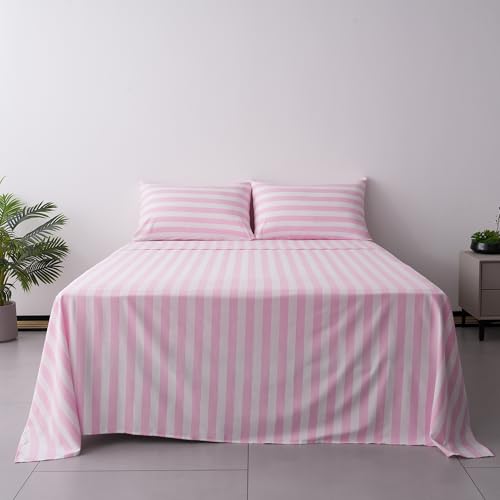 Image of Best Season Bed Sheet Set 4 Piece -Full Size-Soft Durable Microfiber Bedding Sheet Set,Deep Pocket,Stain,Fade & Wrinkle Resistant Green and White Pinstripe (Stripe Pink&White)