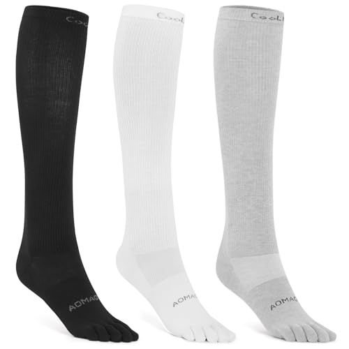 aomagic Coolmax - Calcetines de senderismo atléticos hasta la rodilla de 5 dedos, antiampollas y absorben la humedad, 3 pares, E6788#: 3 pares/negro, blanco, gris, Large