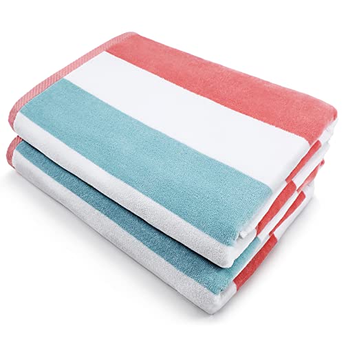 Kaufman - Soft Oversized 2-Pack| 35' x 70' Velour Tonal Striped Beach Towels | Absorbent, Quick-Drying | 100% Cotton Thick Beach Towels (Coral/Sea)