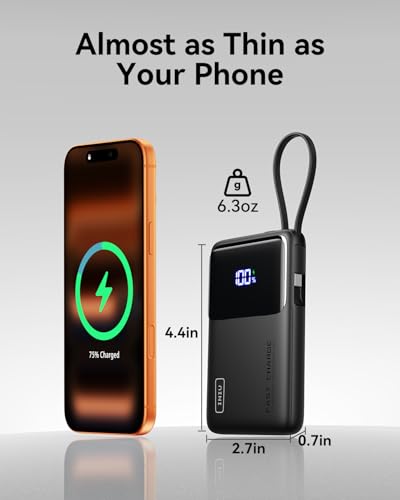 Image of INIU 10000mAh Power Bank, Small 45W PD Fast Charging Portable Charger with Built-in USB C Cable, Flight-Safe Travel External Phone Battery Pack for iPhone 17 Pro Max Samsung S26 iPad etc, Black