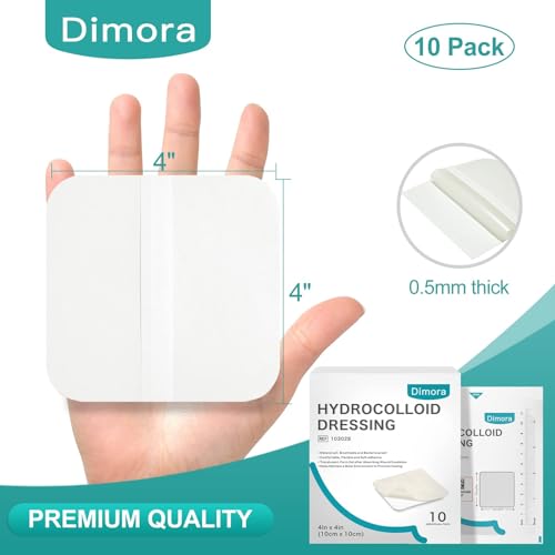 Image of Dimora Hydrocolloid Dressing 4 inch x 4 inch for Wound Care, 10 Pcs Large Patch Bandages with Self-Adhesive for Bedsore, Burn, Blister, Acne Care, Super Absorbent for Fast Healing