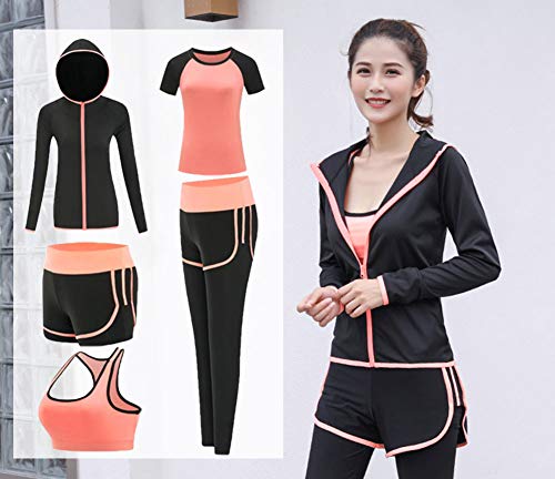 ZETIY Women's Activewear Set 5 Piece Yoga Jogging Workout Clothes Athletic Tracksuits (Medium, Orange)