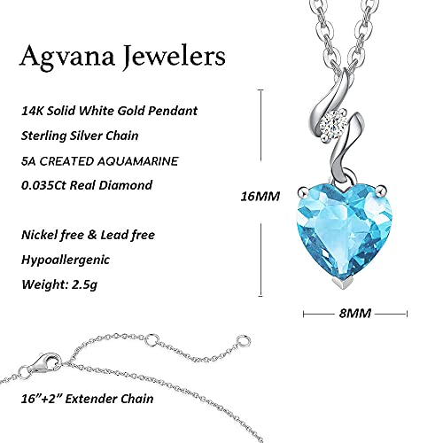 Agvana Necklaces For Women 14K Solid White Gold Diamond Aquamarine Heart Pendant Necklace With Sterling Silver Chain March Birthstone Jewelry For Women Anniversary Birthday Gifts For Women Mom Wife Her #TOP5