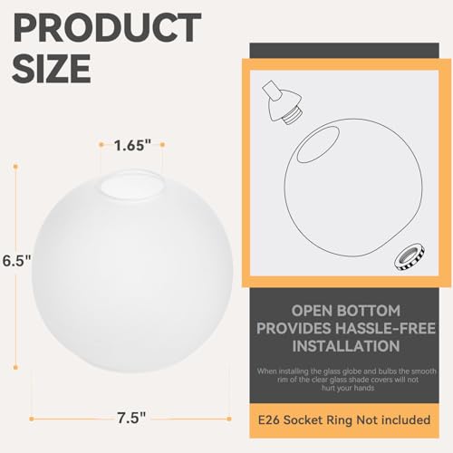Image of 2 Pack Lamp Glass Shade Globe, White Frost Glassshade Covers Replacements for Light Fixtures, 1.65 In Fitter 6.5 In Height 7.5 In Diameter Globes Lampshades for Wall Sconces Chandelier Pendants