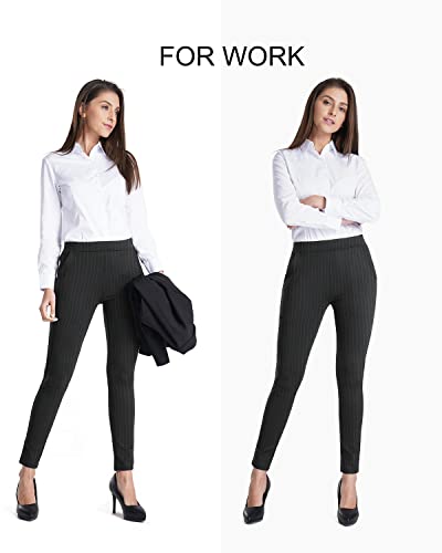Bamans Women's Skinny Leg Work Pull On Slim Stretch Yoga Dress Pants W/Tummy Control (Black Grey Striped,Large,Petite) #TOP3