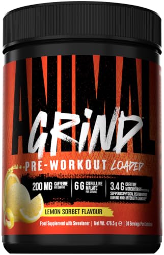 Animal Grind Pre-Workout-Pulver, Zitrone, 30 Portionen – 200 mg Koffein, 6 g Citrullin Malat, 3,4 g Kreatin Monohydrat, zuckerfrei, vegan, ohne künstliche Farbstoffe
