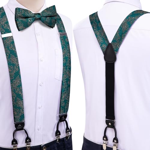 Image of Dubulle Suspender and Bow Tie for Men Paisley Solid Mens Suit Braces Pretied Bowtie and Handkerchief Cufflinks Formal Wedding
