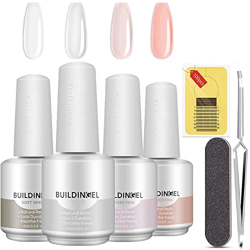 TEEROVA 5-in-1 Builder-Nagelgel-Set � 4 Farben, 15 ml Aufbau-Basisstrkungsgel-Set, Nagelverlngerungsgel-Set mit 100 Nagelformen, Nagelformung, Nagelfeile fr Nagel, Nagelkunstdekoration Cover