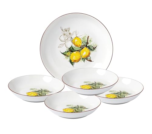 Porcelain Pasta Bowl Set, 11-inch Serving Bowl with 4 Individual 8-inch Bowls, Lemon Design Pattern by Lorren Home Trends - Used condition - US$34.96