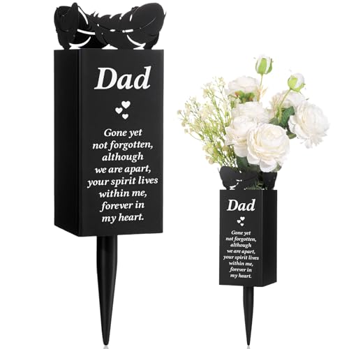 Geosar Dad Memorial Stakes Grave Cemetery Decorations Metal Feather Father Cemetery Markers Plaque with Spike Flower Holder for Loss Loved Ones Burial Ground Lawn Yard Funeral Decor