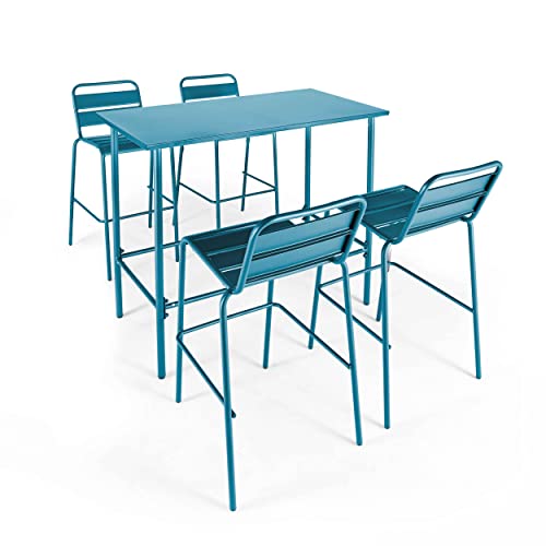 Oviala Ensemble Table Haute et 4 chaises de Bar en métal Bleu Pacific - Palavas