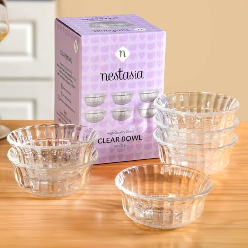 Image of Nestasia Glass Bowls Set of 6 (320ml Each) - Chip Resistant & Toxin Free Snack & Dessert Bowls with Gift Box | Vintage Style Transparent Katori for Kitchen & Dinner - Perfect for Gifting