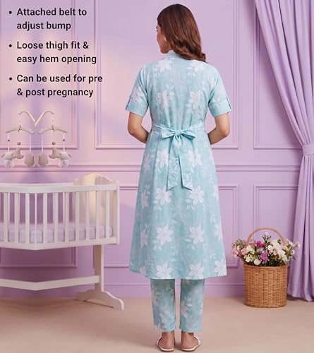 Image of DUMMY SHAPE Maternity Dresses for Women Cotton | Floral Kurta Pant Dupatta Set with Nursing Zippers, Side Pocket | Pre & Post Pregnancy | Feeding Kurti Suit | Baby Shower | Gifts for Pregnant Woman