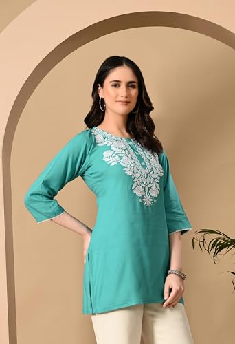 Image of LIBOZA Kurti for Women - Short Chikankari Kurtis for Girls, Lakhnawi Tunic Top Kurta Design for Ladies, Woman Ethnic Kurthis & Shirt with Sleeve