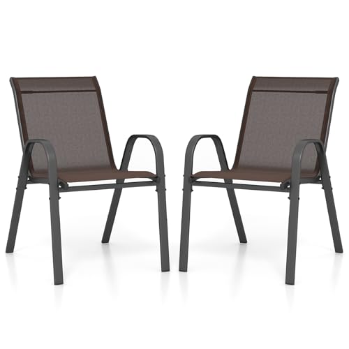 COSTWAY Lot de 2/4 Chaises de Jardin Exterieures avec Cadre en Métal, Chaise de Salle à Manger Empilable en Tissu Respirant, Fauteuil d'Extérieur pour Cour,...