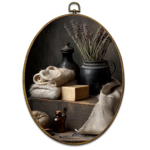 Mcehtle Rustic Laundry Room Wall Art Decor, Farmhouse Bathroom Framed Canvas Prints 8.6x11.4, Moody Country Towels and Herbs Oval Wall Hanging Artwork Decorations for Laundry Room Bathroom Washroom