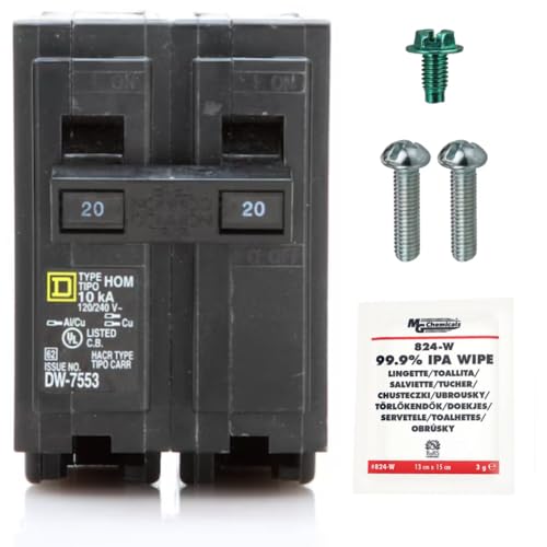 FalconSupply Genuine Square D HOM220 Circuit Breaker Kit Bundle (1 Pack), 20 Amp (20A) Double Pole, 120/240V, 10kAIC, UL Listed, Plug-On for Homeline Load Centers & Panel Box, New Replacement