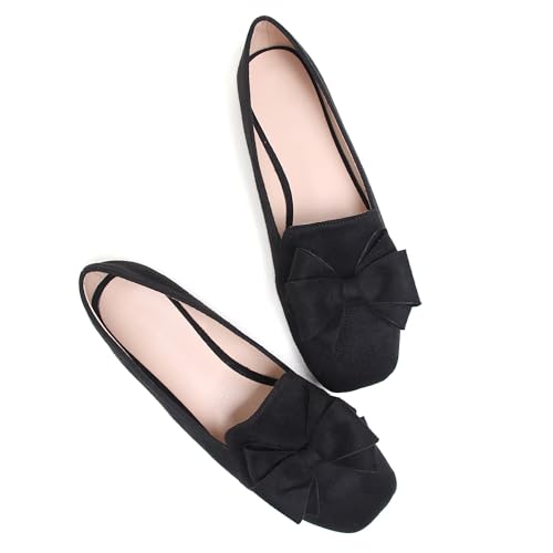 Image of WENJIAZHIZHI Square Toe Bow Ballet Slip-On | Classic Suede Finish,Chic Bow Detail,Effortless Everyday Style,Wedding Party Office,Plus Size Available