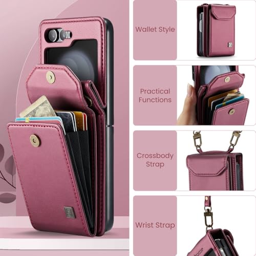 XKchatpt Capa para Samsung Galaxy Z Flip 5, carteira transversal com suporte para cartão com bloqueio RFID, alça de couro PU, capa protetora à prova de choque para Samsung Galaxy Z Flip 5 (rosa)