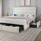 Yaheetech King Size Bed Frame with 2 USB Charging Station/Port for Type A&Type C/4 Storage Drawers, Leather Upholstered Platform Bed with Headboard/Solid Wood Slat Support/No Box Spring Needed/Beige