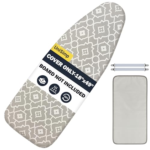 UniSimp Ironing Board Cover and Pad 18"x49" Extra Thick Natural Cotton, Scorch and Stain Resistant Iron Board Cover, Wide Ironing Board Cover with Fasteners Heavy Duty Heatproof Elastic Edge Geometric