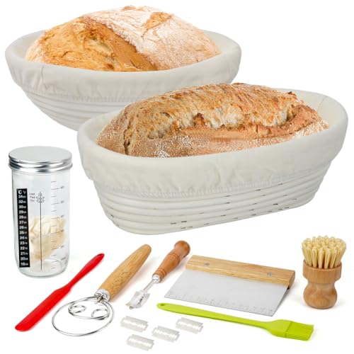 CLTPY Banneton - Cesta de pan de prueba con tejido de lino, banneton para pan de ratán natural para pan y levadura, 2 cestas de ratán natural (23 cm redondo + 25 cm ovalado)