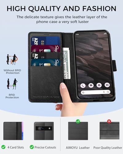 AIMOYU for Google Pixel 7A 5G Case, Flip Wallet Leather Phone Cover with [4 Card Slots] [Kickstand] [RFID Blocking] Magnetic Protective Shockproof Cover for Pixel 7A Case - Black - Image 2