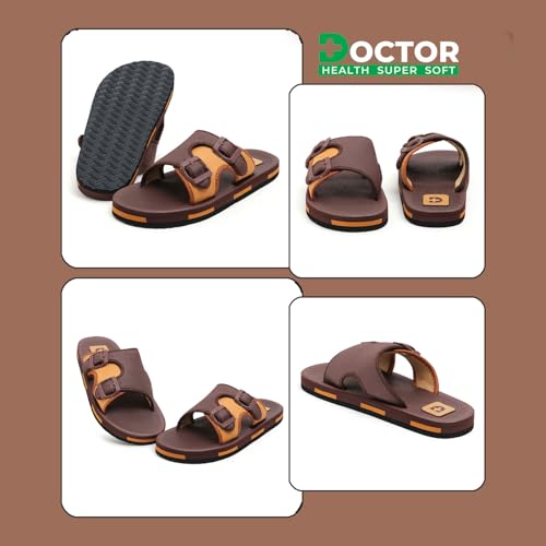 Image of DOCTOR HEALTH SUPER SOFT Men Comfortable Double Strap Slippers with Adjustable Buckles, Cushioned Footbed and Anti Slip Sole, Casual Everyday Wear Sliders for Indoor and Outdoor Use