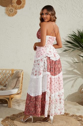 Image of Women Floral Maxi Dress Spaghetti Straps V Neck Lace Patchwork Flowy Tiered Boho Beach Sundress Long Dresses