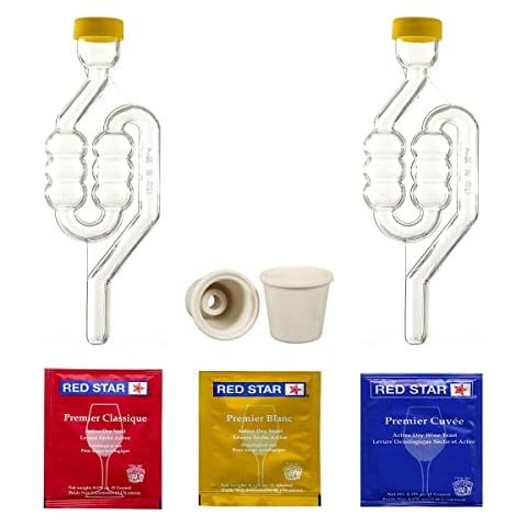 North Mountain Supply 6-Bubble Airlock with Carboy Bungs - Pack of 2 - and Our Red Star Premier Wine Yeast 3 Piece Sampler Pack - Premier Classique, Premier Blanc, and Premier Cuvée Cover