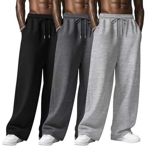 August Alley 3 Pack Men's Baggy Sweatpants Wide Leg Open Bottom Drawstring Pants Lounge Athletic Loose Joggers with Pockets(Light Gray, Dark Gray, Black,Large)