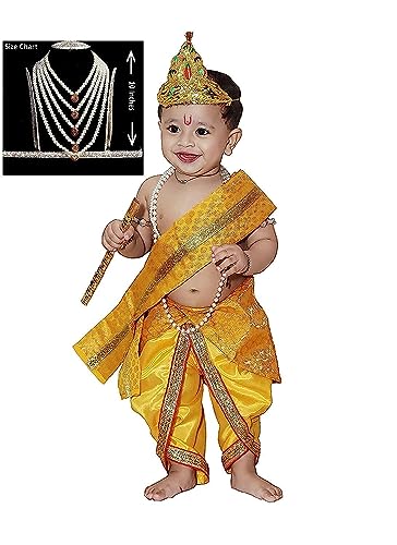 Image of Raj Fancy Dresses Shri Krishna Dress for Baby Boy & Girl, Janmashtmi Dress with Diaper-friendly Dhoti & Dupatta, Mor Pankh Mukut,RFD-BKP- 4, 3-Months