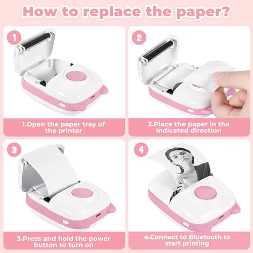 CYJJYZ Mini Drucker Tragbarer Thermodrucker Wireless Bluetooth Mini Fotodrucker Smartphone Taschendrucker Mobiler Fotodrucker Kompatibel mit iOS und Android für Notizen, Fotos, Journal (Rosa)