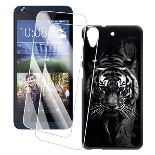 OAGELIM 2 Pack Screen Protector + Case Compatible with HTC Desire 626 (5 inch) Case Artistic Cover and Tempered Glass Film Anti-Scratch (Tiger)