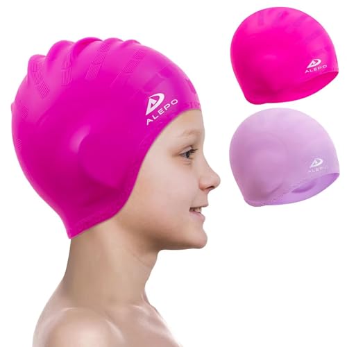 2 Pack Kids Swim Caps for Boys Girls, Durable Silicone Swimming Cap with 3D Ear Pockets for Age 3-15 Toddler Child Youth Teen, Unisex Swim Bath Hats for Short/Long Hair with Ear Plugs Nose Clip-9