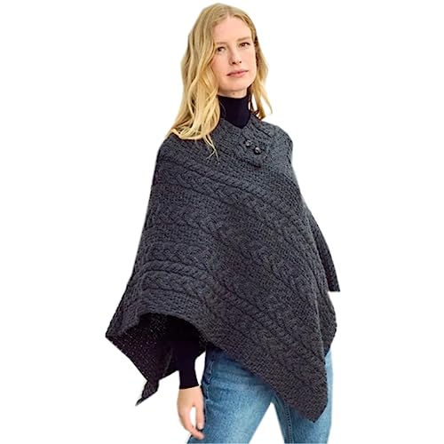 Image of Aran Woollen Mills Ladies Cable Knit Poncho With Buttons