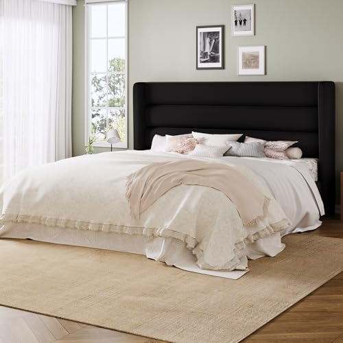 Image of Allewie King Size Platform Bed Frame with Velvet Upholstered Wingback Headboard, No Box Spring Needed, Under Bed Storage Space, Strong Wooden Slats, Modern Mattress Foundation, Easy Assembly, Black