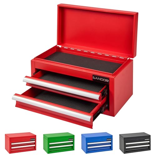 Mini Tool Box - Metal Tool Chest with 2 Drawers & PVC Drawer Liners for Workbench or Desk Powder-Coated Steel Small Toolbox - Multi-Purpose Storage for Machinists Tools DIY 3D Printer Parts - Red