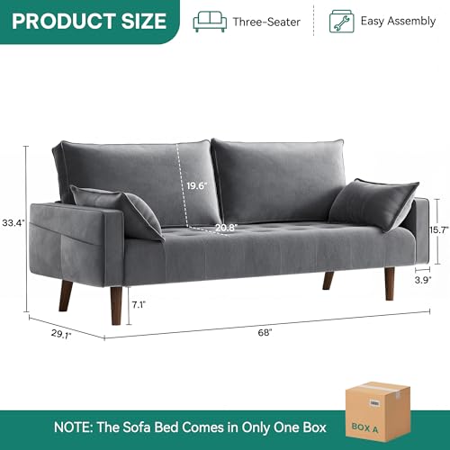 DWVO 68" Loveseat Sofa, Velvet Fabric Sofa Couch for Small Space, Modern Loveseat with Button Tufted Seat and Side Storage Pockect, 3 Seater Couch for Living Room Bedroom, 2 Pillows Included, Grey