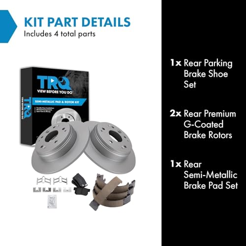 Image of TRQ Rear Brake Pad and Rotor Set Semi Metallic G Coated Rotors Parking Shoe Compatible with 2004-2008 Acura TL 2003-2011 Honda Element
