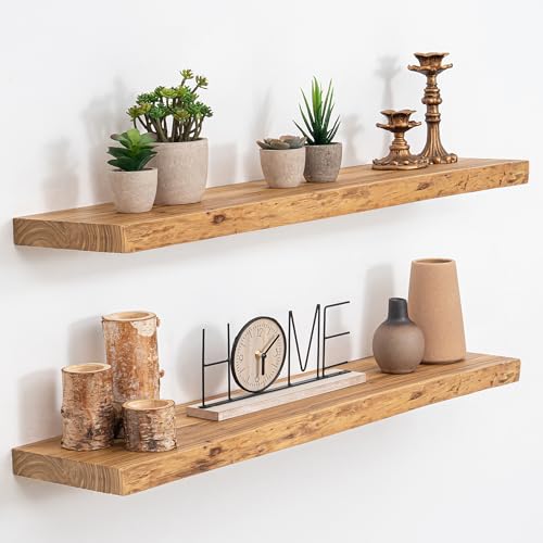 Image of Acovy Extra Deep 32 inch Long Live Edge Rustic Floating Shelves for Wall, Solid Wood Wall Shelves with Invisible Bracket Mount for Living Room Bathroom Bedroom Kitchen, Set of 2, Natural