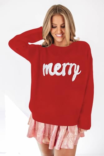 Image of LEMAFER Women 2026 Merry Christmas Round Neck Sequin Letters Sweater Casual Solid Slogan Long Sleeve Pullover Sweatshirt Tops