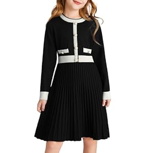 GRACE KARIN Girls Sweater Fall Dress Long Sleeve Knit A Line Contrast Casual Winter Dresses 6-14Y