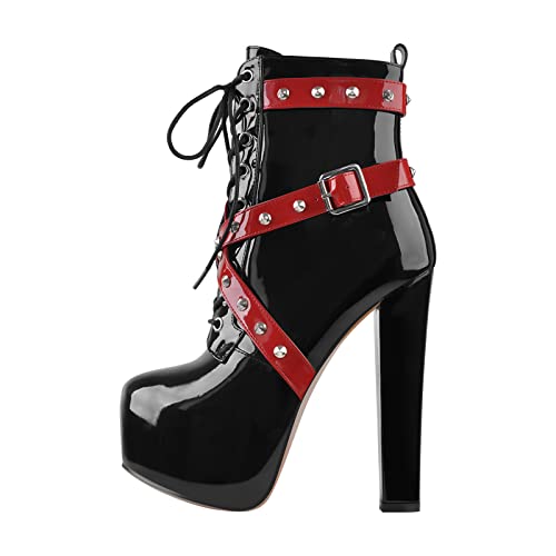 blingqueen Damen Plateau Stiefeletten Blockabsatz Schnürboots...