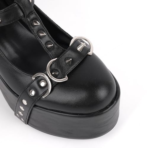 onlymaker Women's Punk Mary Jane Shoes Platform Block Heels Buckle Strap with Studs Rivets3