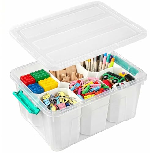 Image of EOENVIVS Clear Storage Boxes with 6 Tall Inserts, Large Plastic Organizer Box with Lid and Handles, 15.94x11.61x7.28 Inches, Multi-Functional Container for Cosmetics, Toys, School Supplies