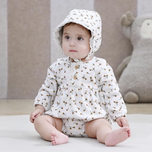 Newborn Baby Girl Clothes Cotton Bubble Rompers Infant Outfit Floral Long Sleeve Bodysuit, 3 Pack4