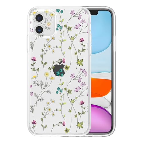 RALEAVO Clear Floral Case Compatible with iPhone 12 (6.1”), Shockproof Silicone Transparent Case Cover with Cute Flower Protective Bumper Case for iPhone 12-Clear