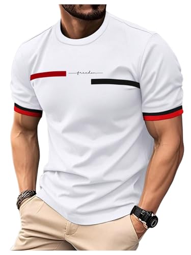 QJQ Men's Letter Graphic Tees Streetwear Short Sleeve Crewneck Color Block T Shirts Casual Summer Trendy Tops White